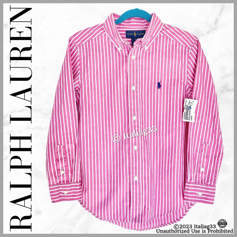 Ralph Lauren Polo Oxford Dress Shirt Pink Striped Long Sleeve Boys 6 Brand New! - Picture 8 of 13